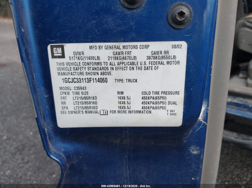 2003 Chevrolet Silverado 3500 Lt VIN: 1GCJC33113F114060 Lot: 43965461