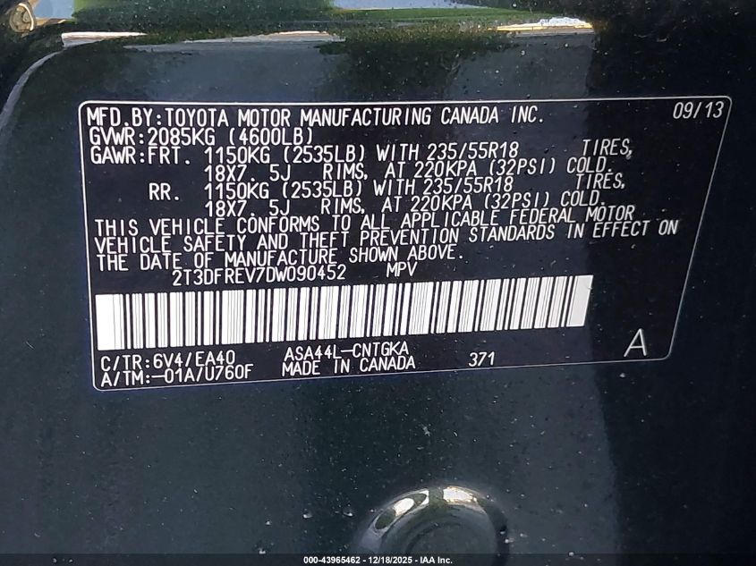 2013 Toyota Rav4 Limited VIN: 2T3DFREV7DW090452 Lot: 43965462