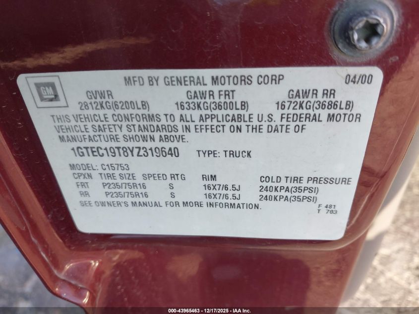 2000 GMC Sierra 1500 Sle VIN: 1GTEC19T8YZ319640 Lot: 43965463
