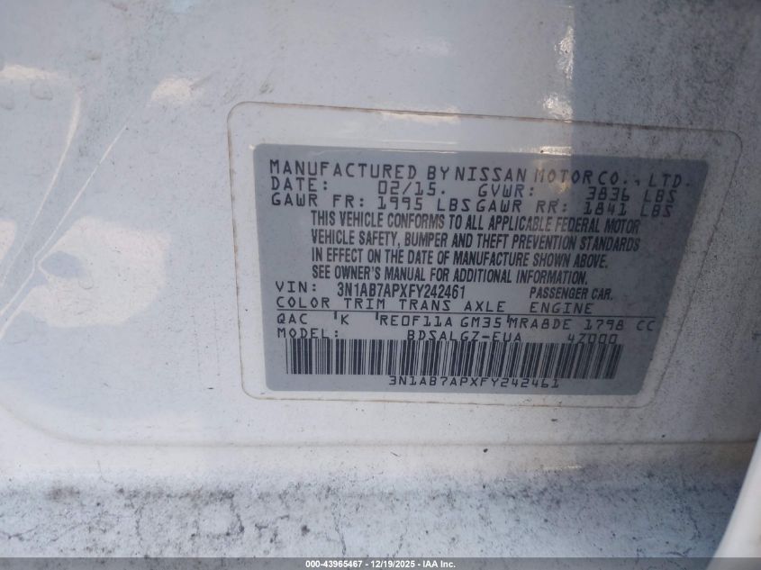 2015 Nissan Sentra Sl VIN: 3N1AB7APXFY242461 Lot: 43965467