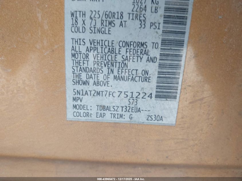 2015 Nissan Rogue Sl VIN: 5N1AT2MT7FC751224 Lot: 43965472