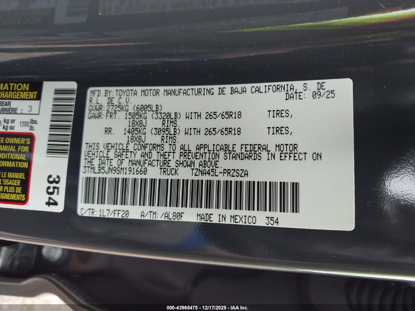 2025 Toyota Tacoma Sr5 VIN: 3TMLB5JN9SM191660 Lot: 43965475