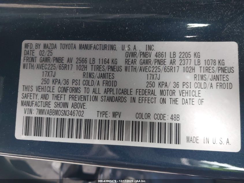 2025 Mazda Cx-50 2.5 S Preferred Package VIN: 7MMVABBM0SN346702 Lot: 43965476