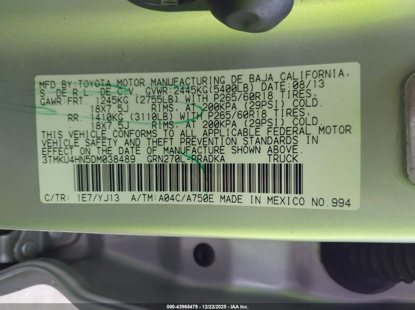 2013 Toyota Tacoma Prerunner V6 VIN: 3TMKU4HN5DM038489 Lot: 43965479