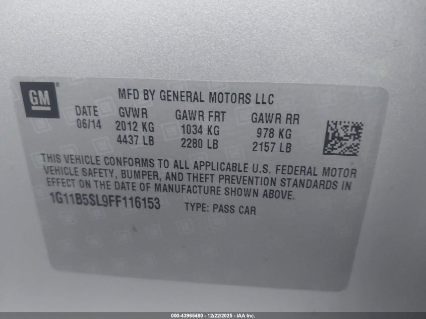 2015 Chevrolet Malibu Ls VIN: 1G11B5SL9FF116153 Lot: 43965480