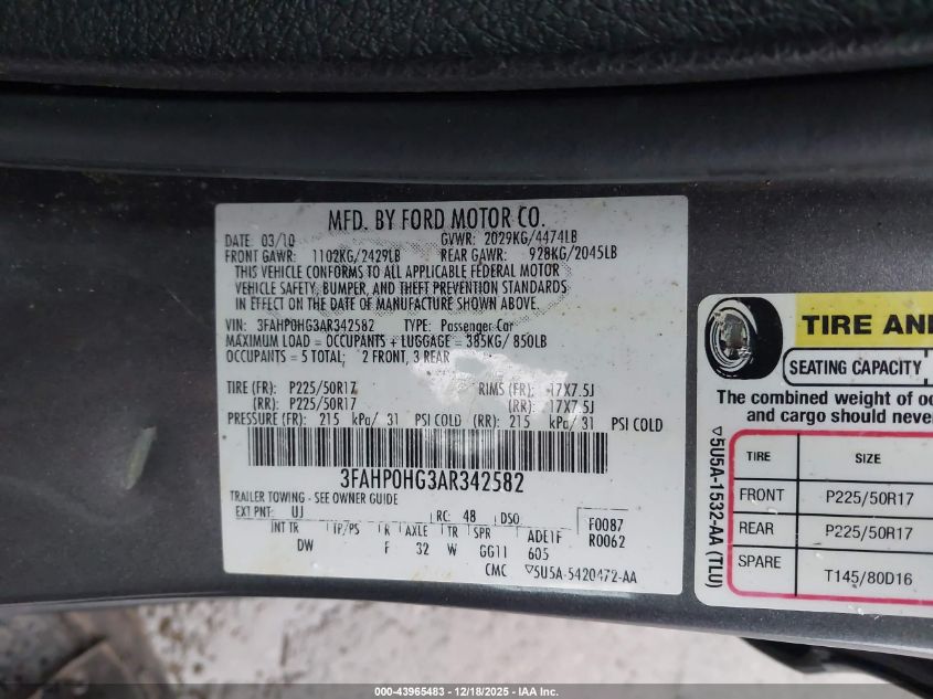 2010 Ford Fusion Se VIN: 3FAHP0HG3AR342582 Lot: 43965483