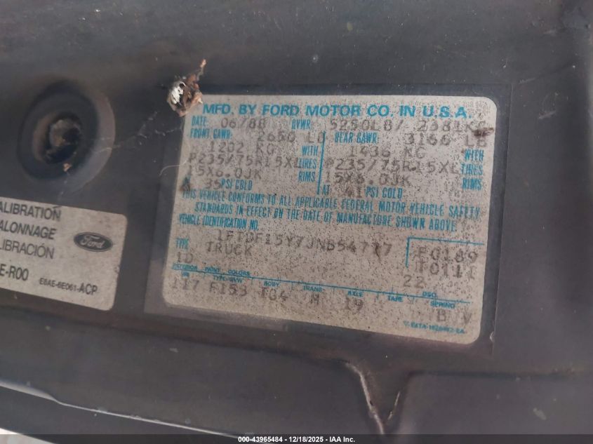 1988 Ford F150 VIN: 1FTDF15Y7JNB54777 Lot: 43965484