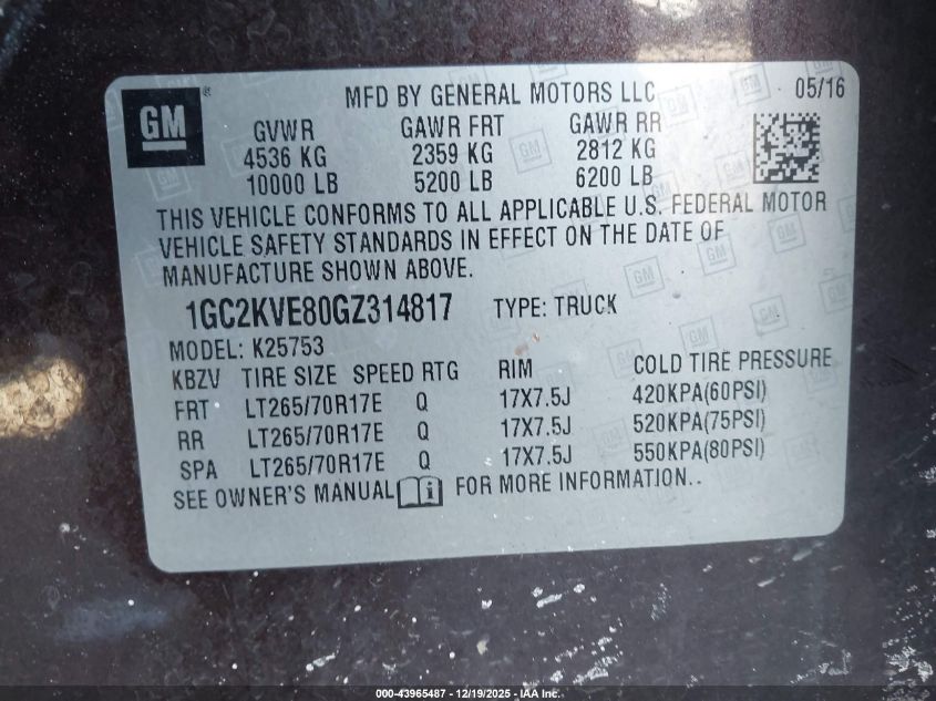 2016 Chevrolet Silverado 2500Hd Lt VIN: 1GC2KVE80GZ314817 Lot: 43965487