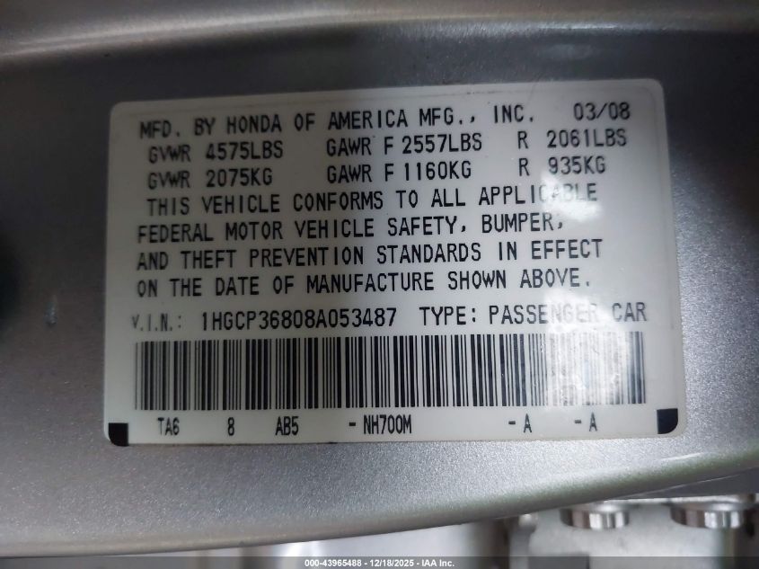 2008 Honda Accord 3.5 Ex-L VIN: 1HGCP36808A053487 Lot: 43965488