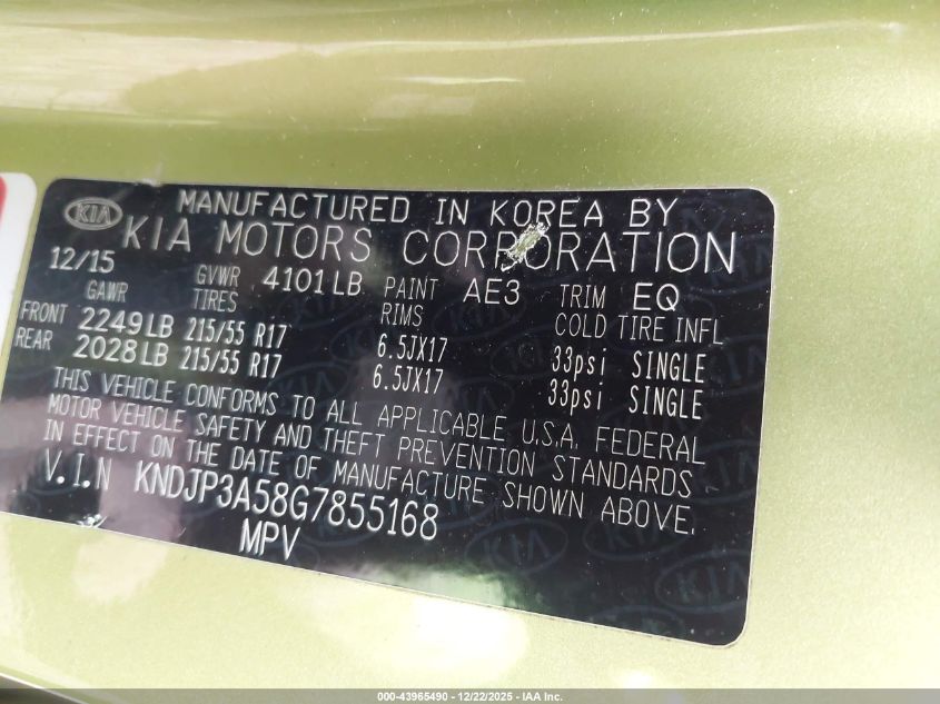 2016 Kia Soul + VIN: KNDJP3A58G7855168 Lot: 43965490