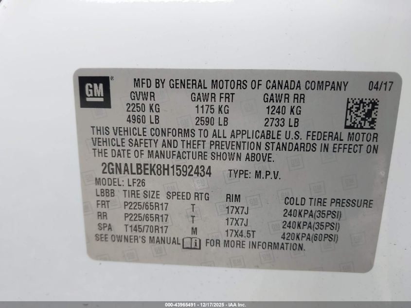 2017 Chevrolet Equinox Ls VIN: 2GNALBEK8H1592434 Lot: 43965491
