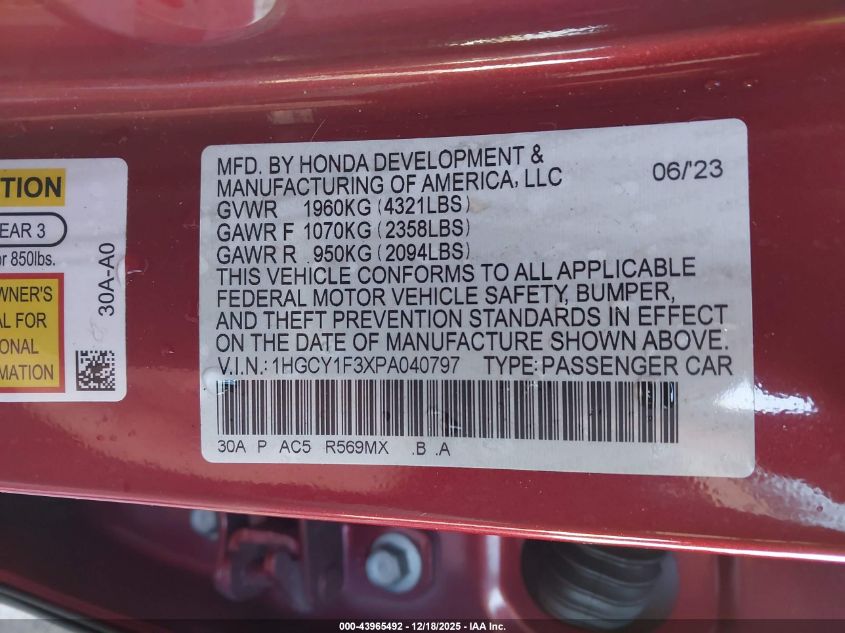 2023 Honda Accord Ex VIN: 1HGCY1F3XPA040797 Lot: 43965492