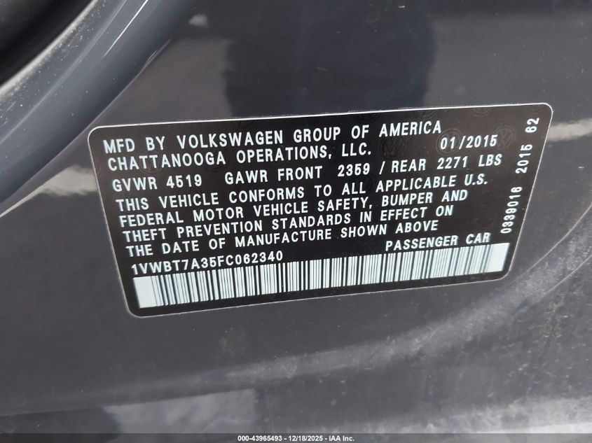 2015 Volkswagen Passat 1.8T Sport VIN: 1VWBT7A35FC062340 Lot: 43965493