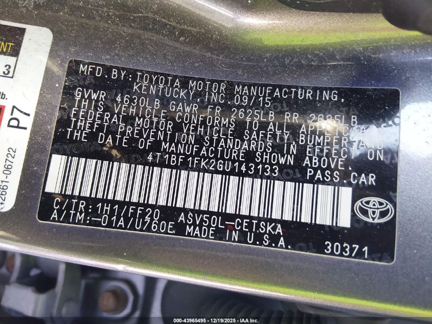 2016 Toyota Camry Se VIN: 4T1BF1FK2GU143133 Lot: 43965495