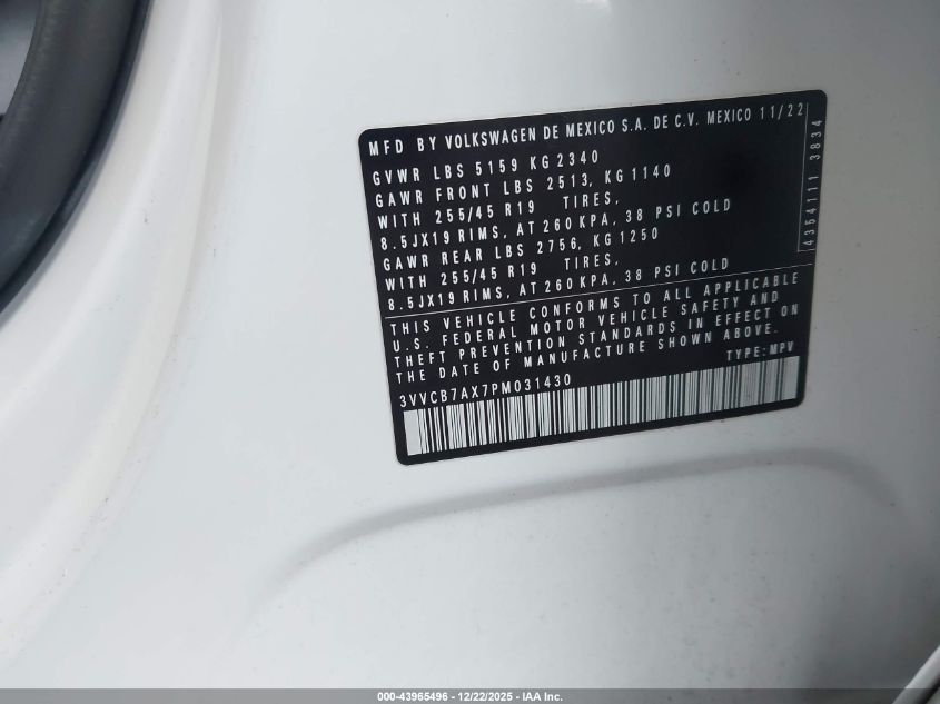 2023 Volkswagen Tiguan 2.0T Se R-Line Black VIN: 3VVCB7AX7PM031430 Lot: 43965496
