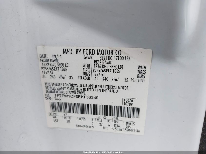 2014 Ford F-150 Xlt VIN: 1FTFW1CF0EKF56349 Lot: 43965498