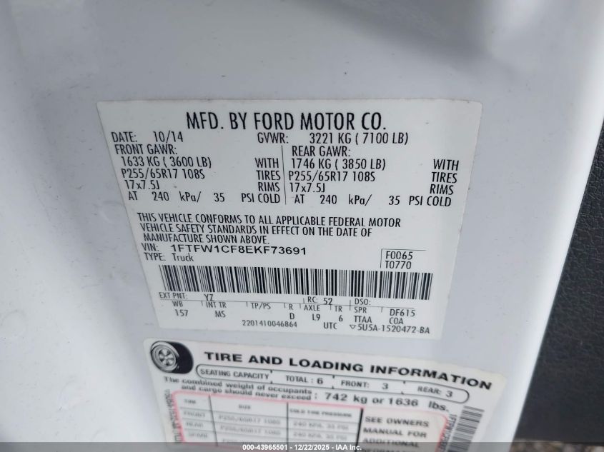 2014 Ford F-150 Xlt VIN: 1FTFW1CF8EKF73691 Lot: 43965501