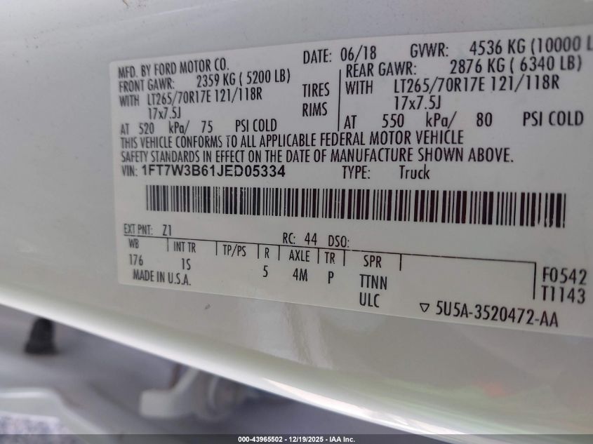 2018 Ford F-350 Xl VIN: 1FT7W3B61JED05334 Lot: 43965502