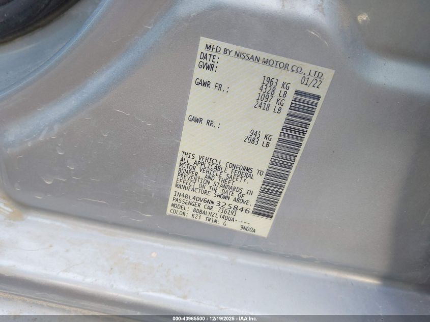 2022 Nissan Altima Sv Fwd VIN: 1N4BL4DV6NN325846 Lot: 43965500