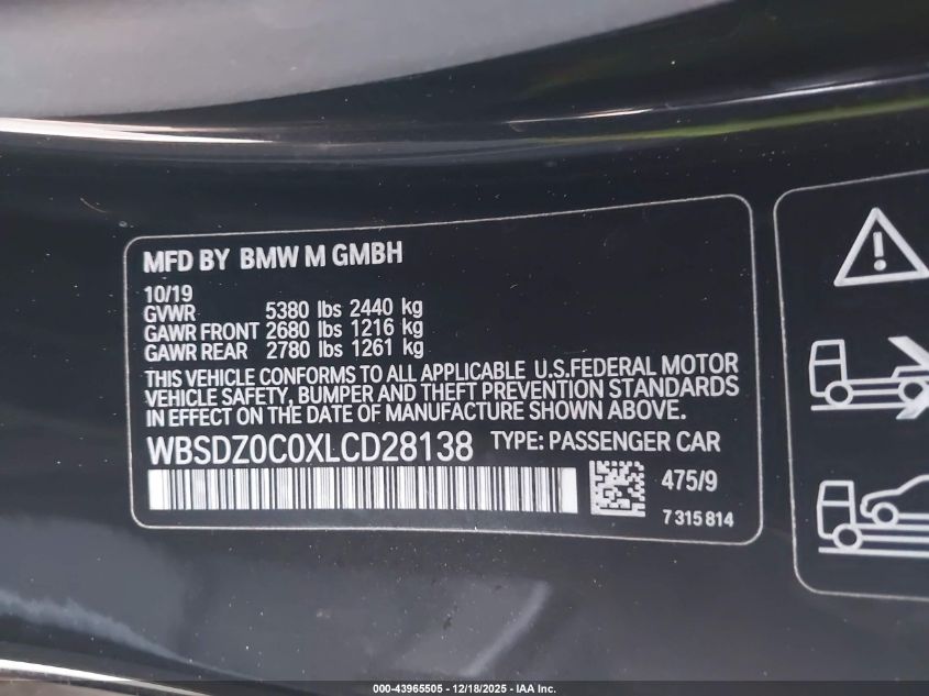 2020 BMW M8 VIN: WBSDZ0C0XLCD28138 Lot: 43965505