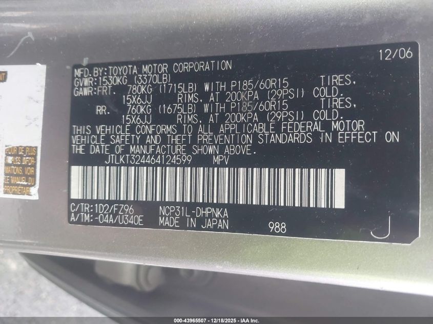 2006 Scion Xb VIN: JTLKT324464124599 Lot: 43965507