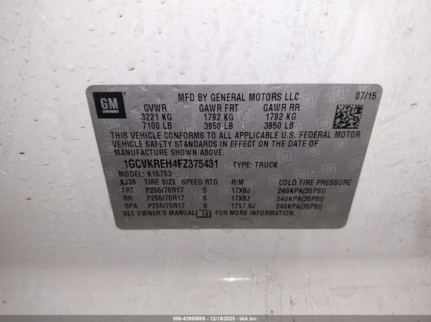 2015 Chevrolet Silverado 1500 1Lt VIN: 1GCVKREH4FZ375431 Lot: 43965508