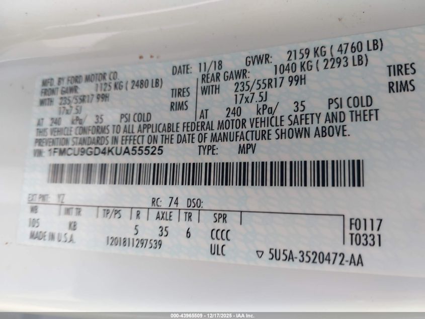 2019 Ford Escape Se VIN: 1FMCU9GD4KUA55525 Lot: 43965509