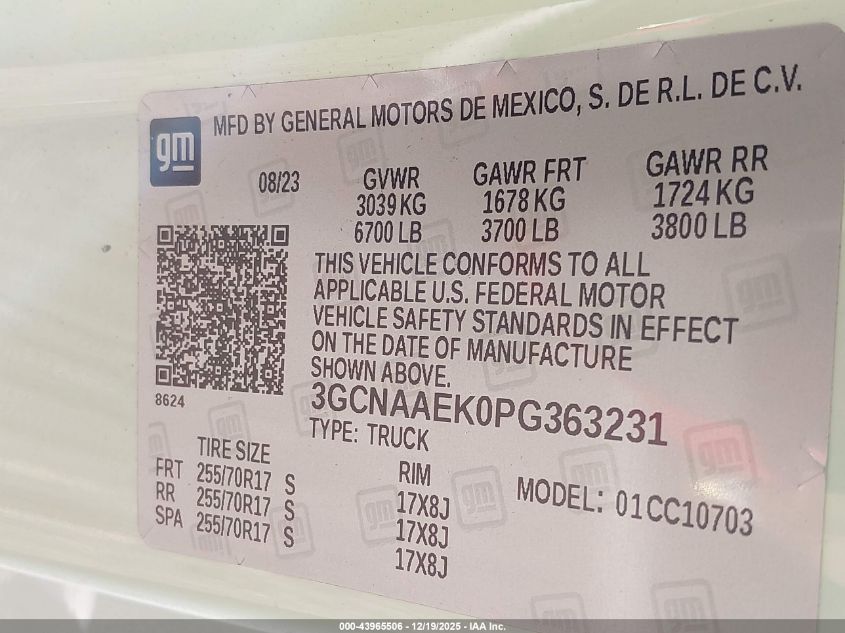 2023 Chevrolet Silverado 1500 2Wd Standard Bed Wt VIN: 3GCNAAEK0PG363231 Lot: 43965506