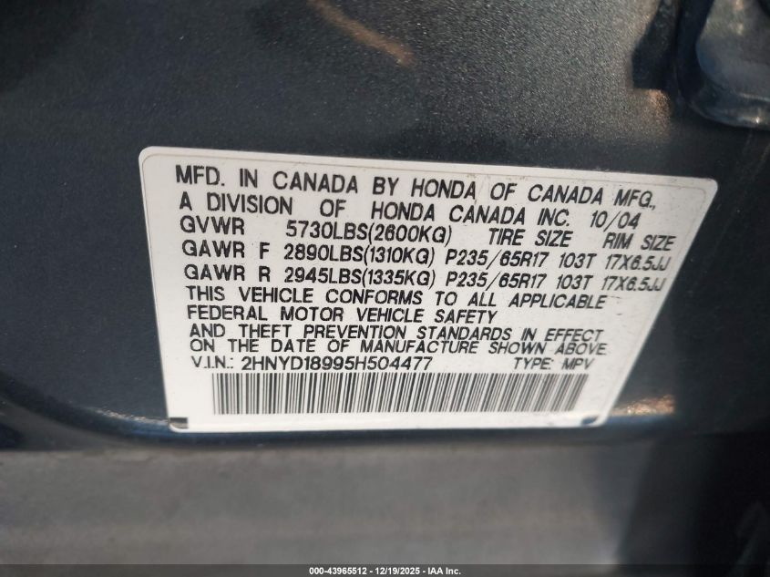 2005 Acura Mdx VIN: 2HNYD18995H504477 Lot: 43965512