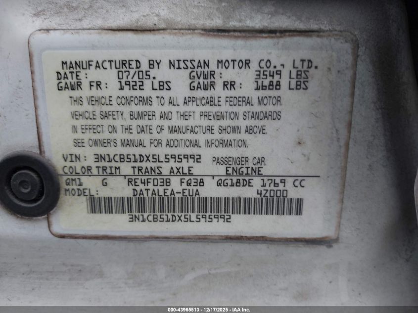 2005 Nissan Sentra 1.8S VIN: 3N1CB51DX5L595992 Lot: 43965513