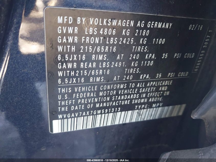 2016 Volkswagen Tiguan S VIN: WVGAV7AX7GW591313 Lot: 43965516