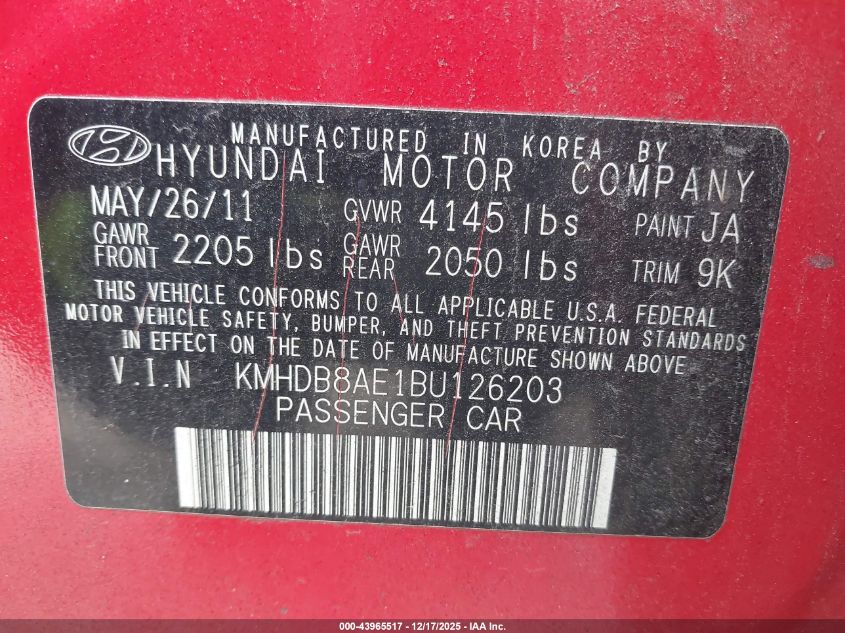 2011 Hyundai Elantra Touring Gls VIN: KMHDB8AE1BU126203 Lot: 43965517