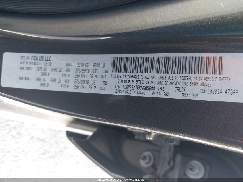 2019 Ram 1500 Big Horn/Lone Star 4X2 6'4 Box VIN: 1C6RREMT0KN685600 Lot: 43965521
