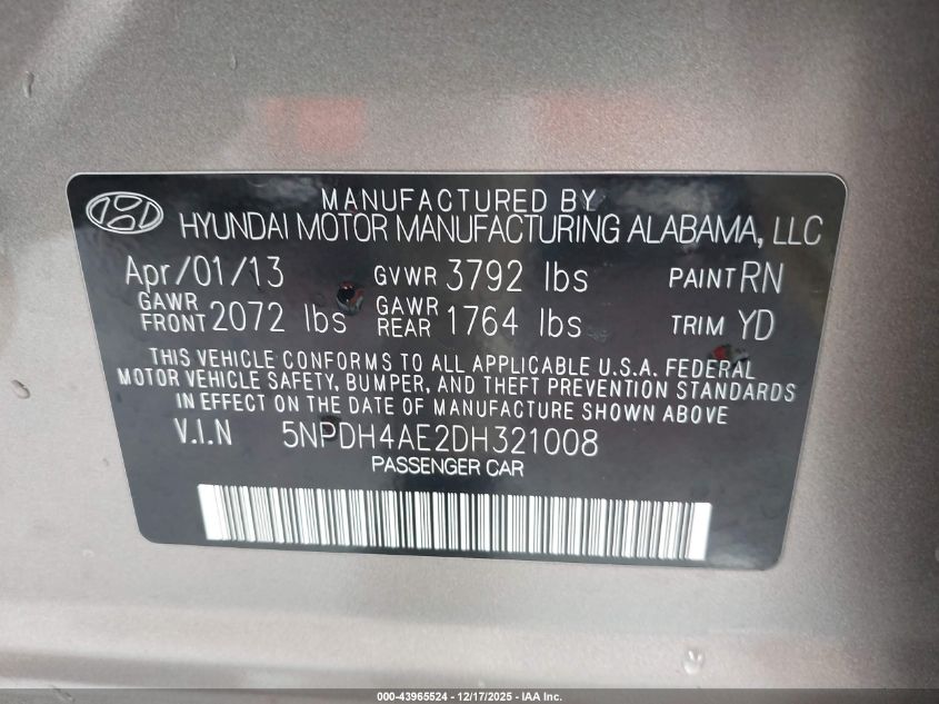 2013 Hyundai Elantra Gls VIN: 5NPDH4AE2DH321008 Lot: 43965524