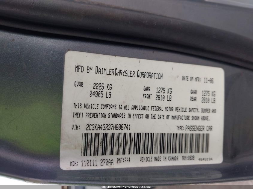 2007 Chrysler 300 VIN: 2C3KA43R37H688741 Lot: 43965525