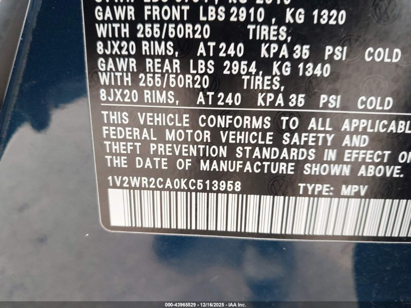 2019 Volkswagen Atlas 3.6L V6 Se W/Technology VIN: 1V2WR2CA0KC513958 Lot: 43965529