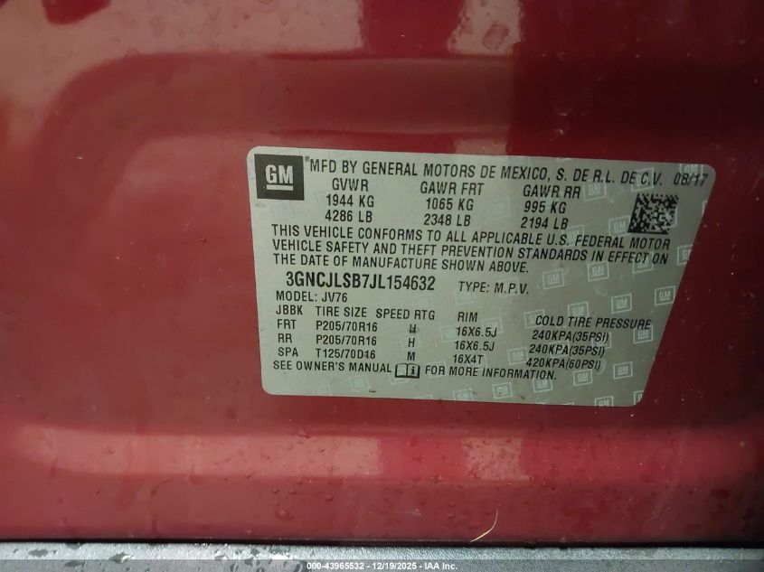 2018 Chevrolet Trax Lt VIN: 3GNCJLSB7JL154632 Lot: 43965532