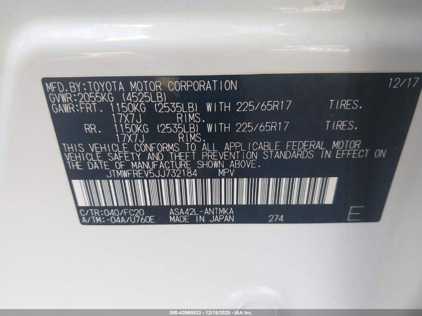 2018 Toyota Rav4 Xle VIN: JTMWFREV5JJ732184 Lot: 43965533