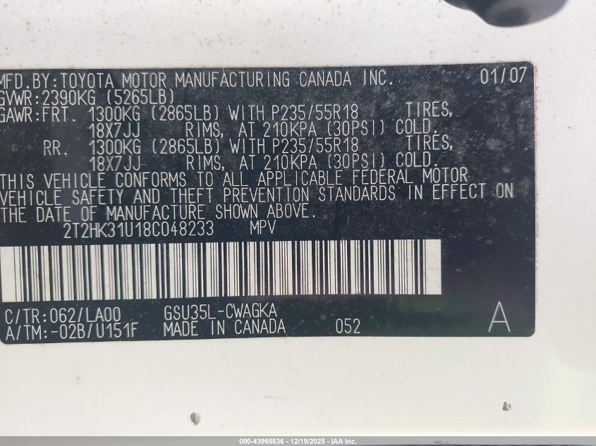 2008 Lexus Rx 350 VIN: 2T2HK31U18C048233 Lot: 43965536