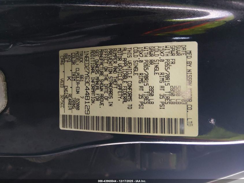 2003 Nissan Frontier Xe-V6 VIN: 1N6ED27Y63C448129 Lot: 43965544