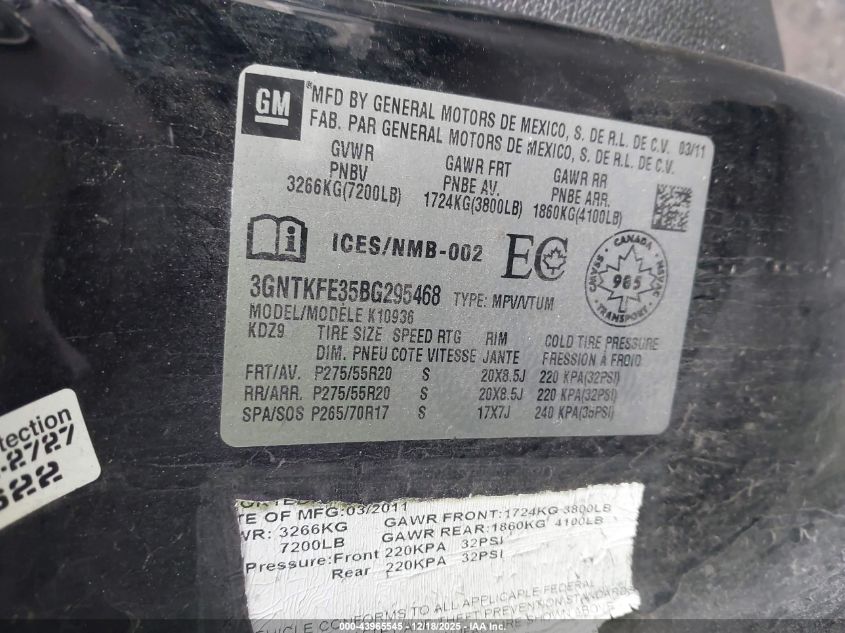 2011 Chevrolet Avalanche Lt VIN: 3GNTKFE35BG295468 Lot: 43965545