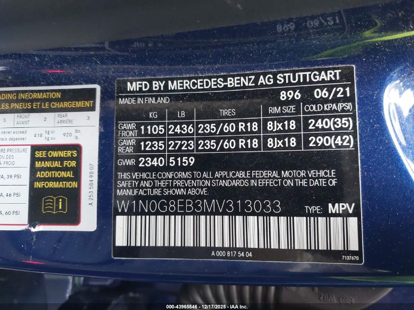 2021 Mercedes-Benz Glc 300 4Matic Suv VIN: W1N0G8EB3MV313033 Lot: 43965546