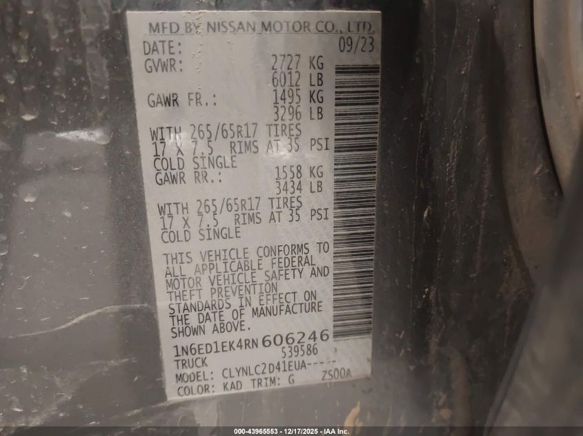 2024 Nissan Frontier Sv 4X4 VIN: 1N6ED1EK4RN606246 Lot: 43965553