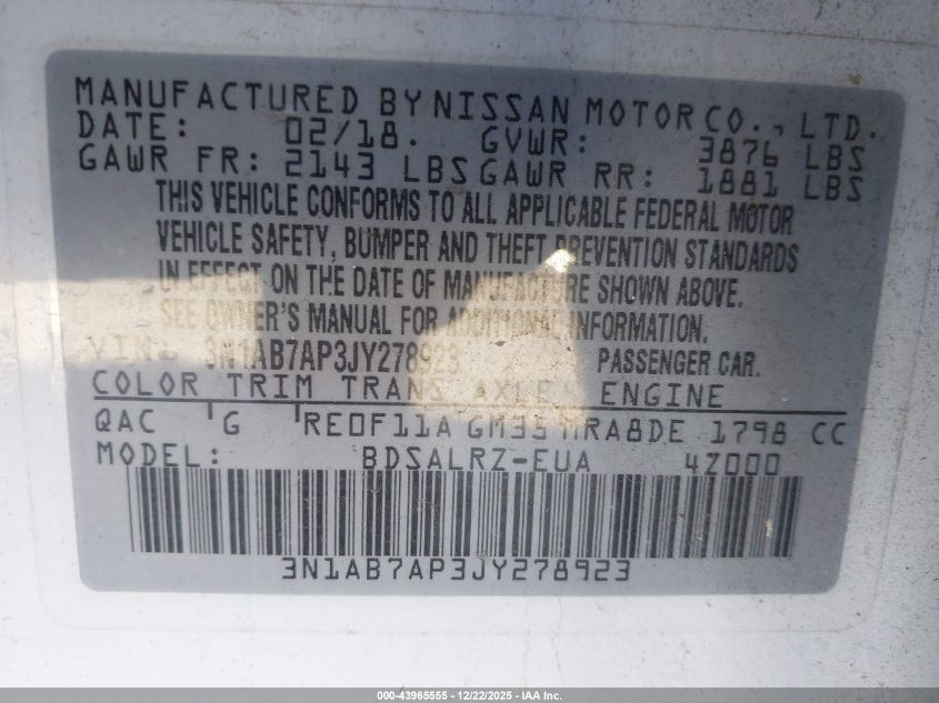 2018 Nissan Sentra Sr VIN: 3N1AB7AP3JY278923 Lot: 43965555