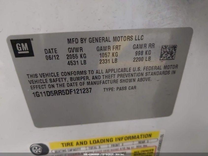 2013 Chevrolet Malibu Eco VIN: 1G11D5RR5DF121237 Lot: 43965558