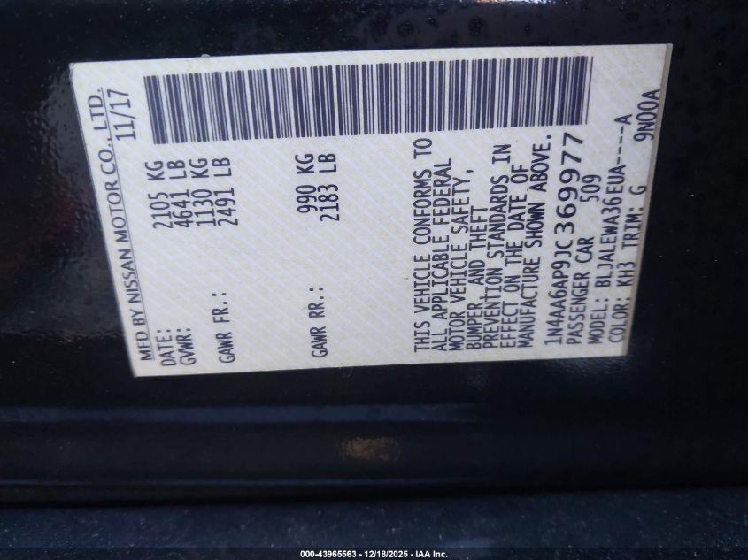 2018 Nissan Maxima 3.5 Sl VIN: 1N4AA6AP9JC369977 Lot: 43965563