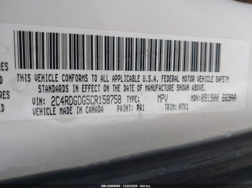 2012 Dodge Grand Caravan Crew VIN: 2C4RDGDG5CR158758 Lot: 43965565