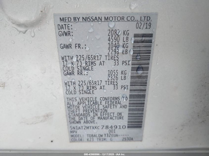 2019 Nissan Rogue Sv VIN: 5N1AT2MTXKC784910 Lot: 43965566