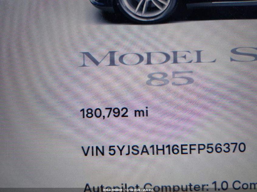 2014 Tesla Model S P85 VIN: 5YJSA1H16EFP56370 Lot: 43965569