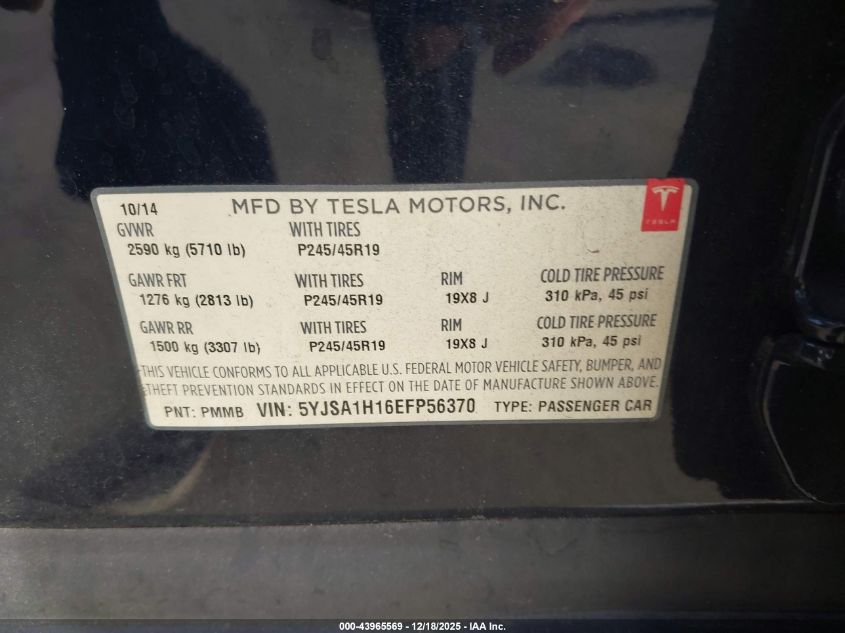 2014 Tesla Model S P85 VIN: 5YJSA1H16EFP56370 Lot: 43965569
